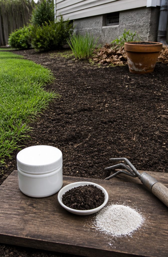 9 Steps to Follow for Grass Growing Tips That Work 3 Home soil test kit, shallow soil dish, pale lime, and hand cultivator on a board