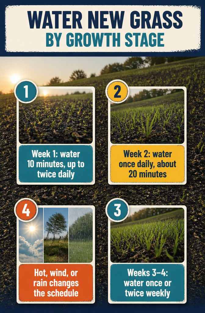 9 Steps to Follow for Grass Growing Tips That Work 8 Watering guide graphic with staged instructions for newly seeded grass