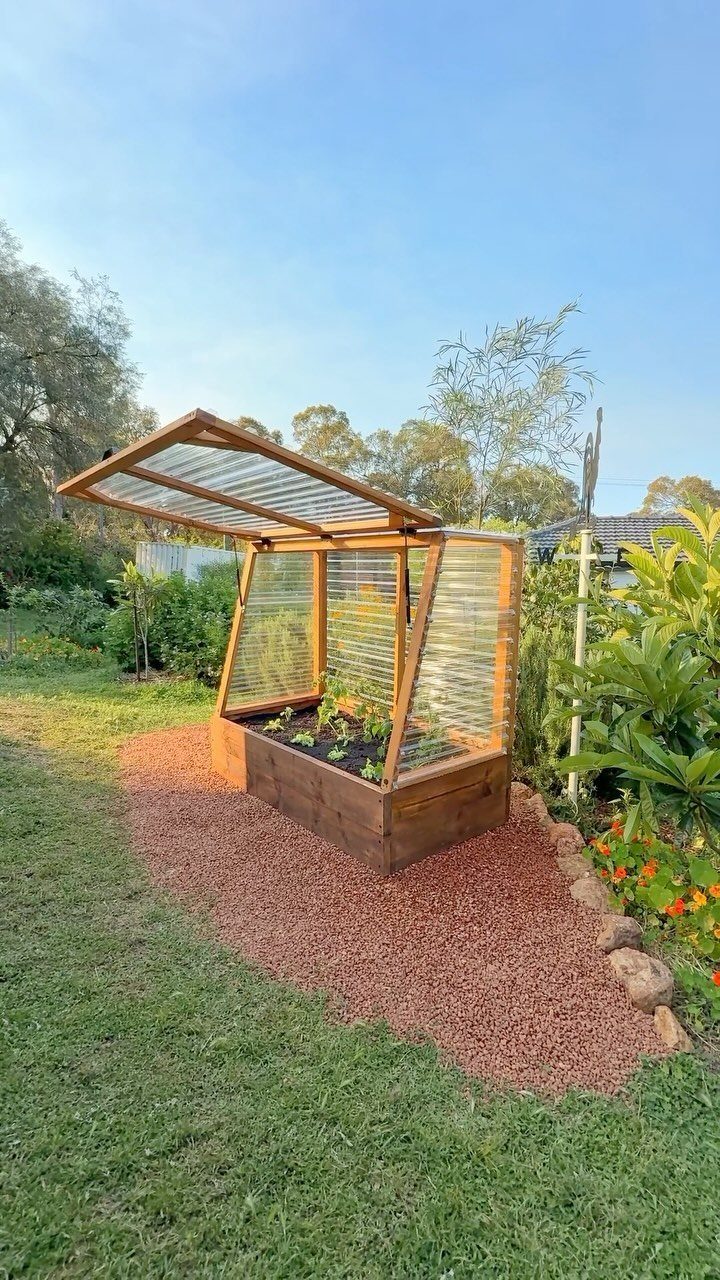 Green House Layout: 17 Ideas for Benches, Beds and Lighting 3 Small wooden greenhouse with a hinged roof and integrated garden bed on gravel.