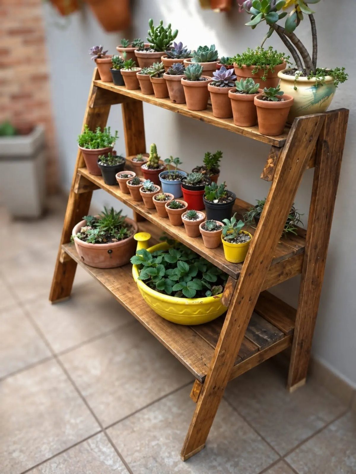 Green House Layout: 17 Ideas for Benches, Beds and Lighting 6 Rustic wooden tiered shelf holding a variety of small potted succulent plants.