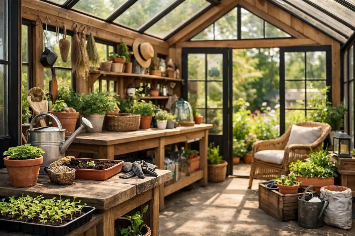 Green House Layout: 17 Ideas for Benches, Beds and Lighting 10 Wooden greenhouse interior with potting benches, potted plants, and a wicker chair.