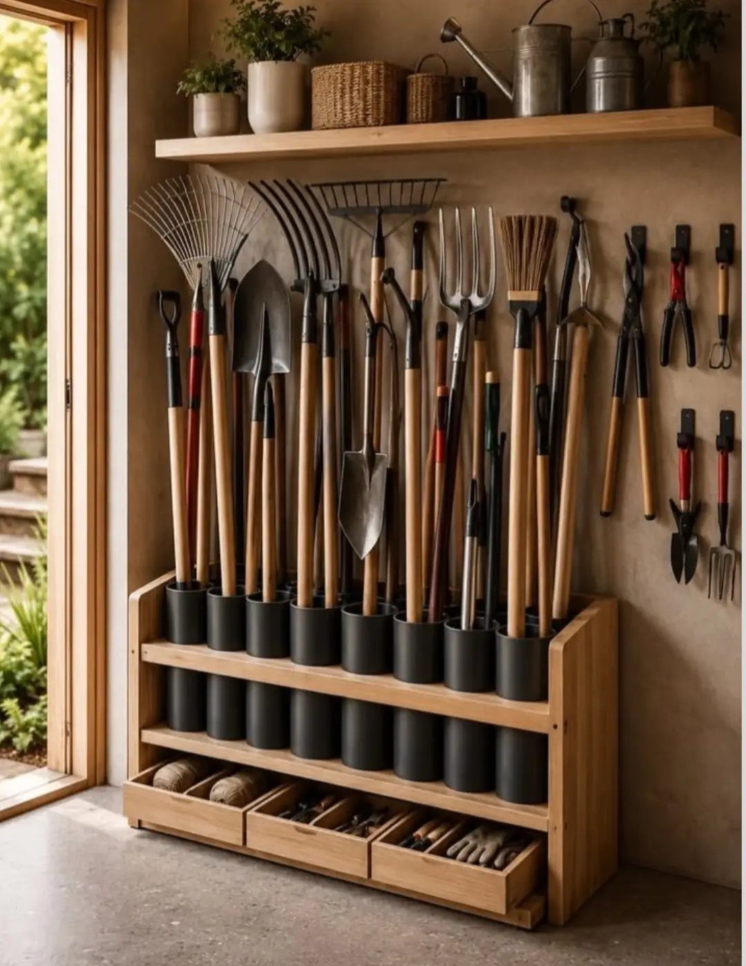 Green House Layout: 17 Ideas for Benches, Beds and Lighting 2 Wooden garden tool organizer with rakes and shovels in black holders and drawers.