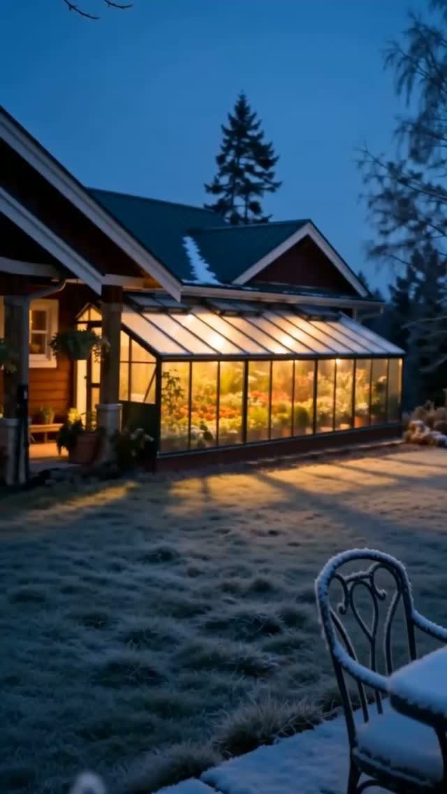 Lean-to greenhouse attached to a house glowing warmly against a frosty winter landscape.