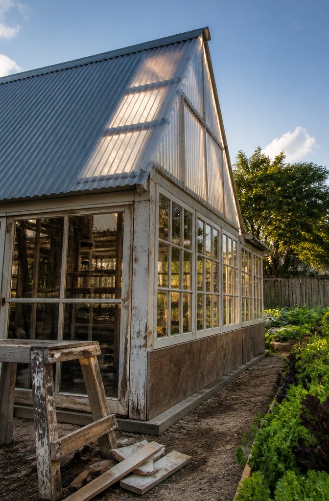 Greenhouse roof with translucent panels, ridge cap and finished wall sections