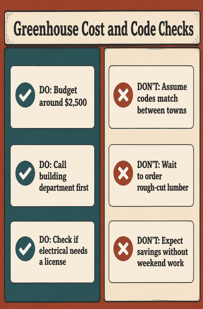 Information graphic about greenhouse construction costs, building codes and permits