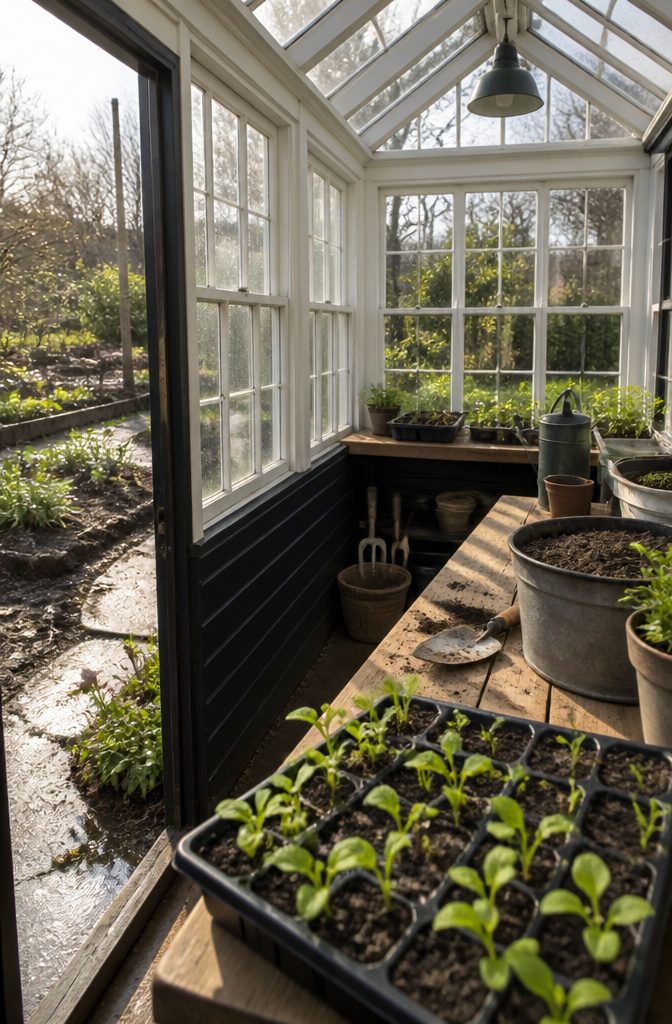 Greenhouse with black-painted horizontal siding, old windows and interior shelves