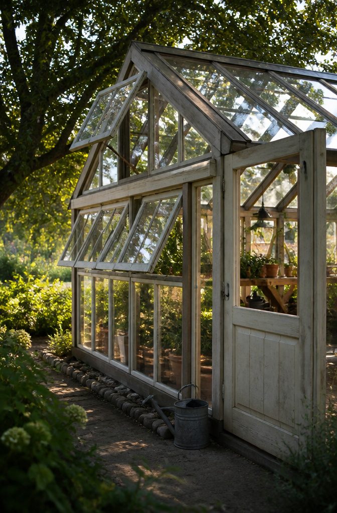 Greenhouse with an outward-open upper sash, hinged side windows and Dutch door