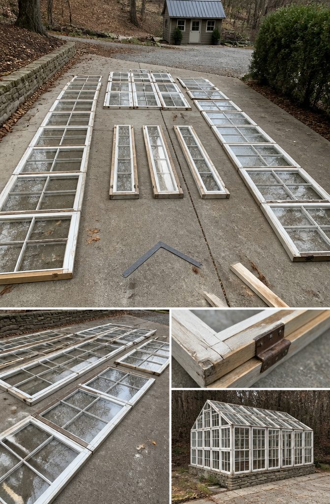 Greenhouse windows arranged in columns on the ground with gaps between them