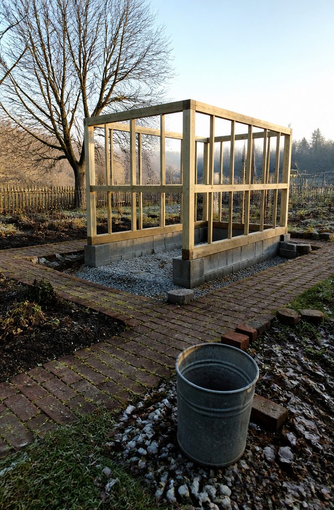 Greenhouse frame with corner posts and beams set on foundation supports