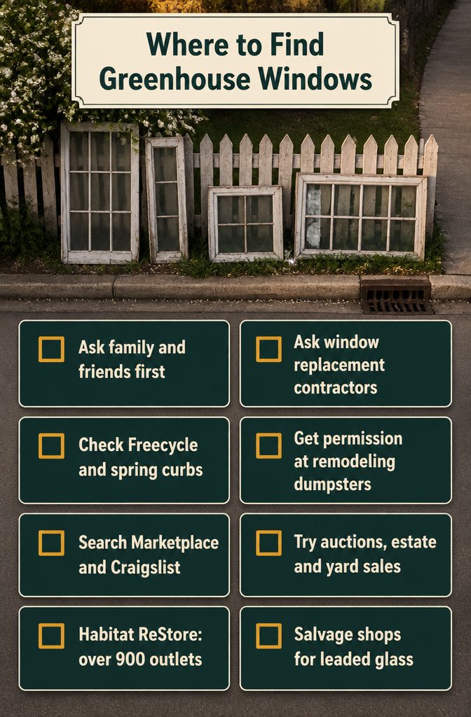 Information graphic listing sources for greenhouse windows, including contractors and salvage shops