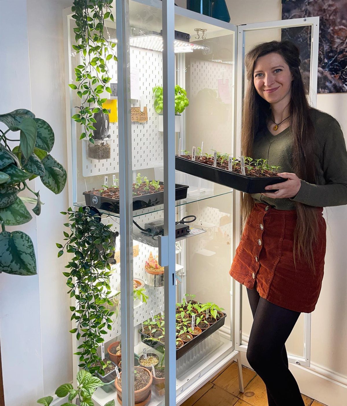 Woman holding a seedling tray next to a white indoor greenhouse cabinet with plants.