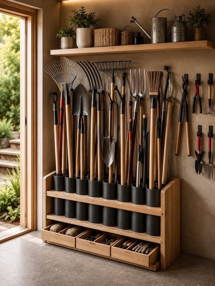 Wooden garden tool organizer holding rakes and shovels in a potting shed