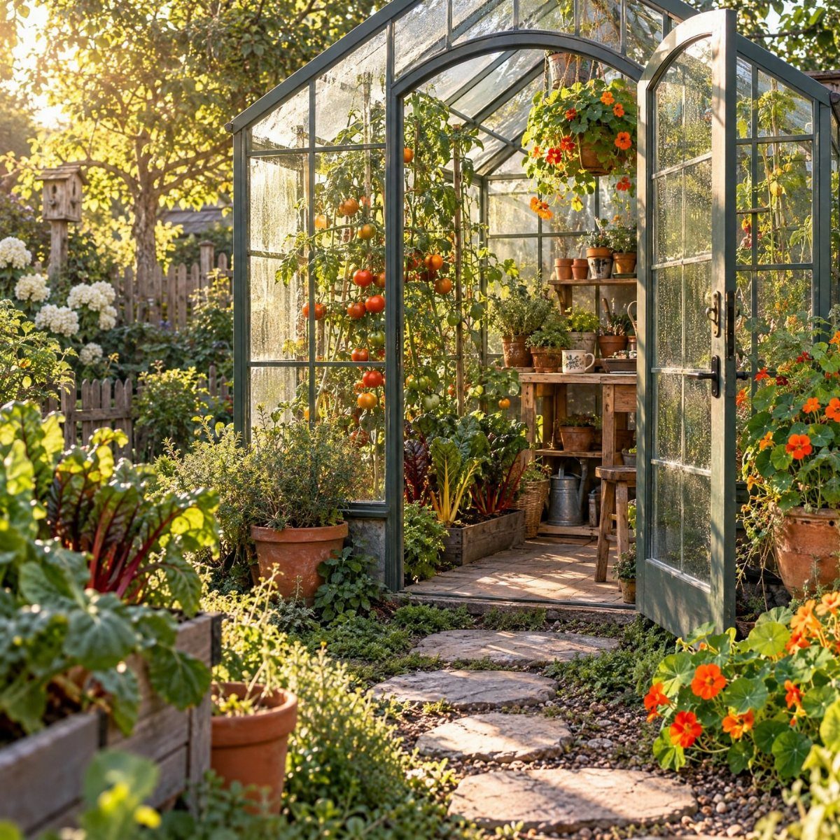Wooden potting workbench inside a glass greenhouse surrounded by lush garden plants