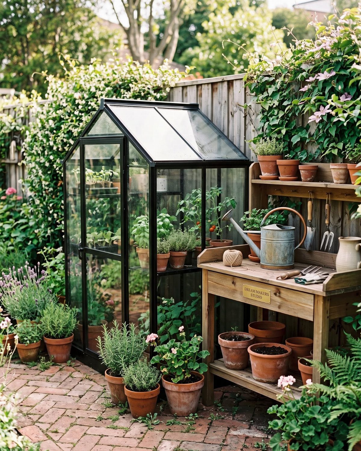 Black glass greenhouse and wooden potting bench on a brick patio with lush greenery.