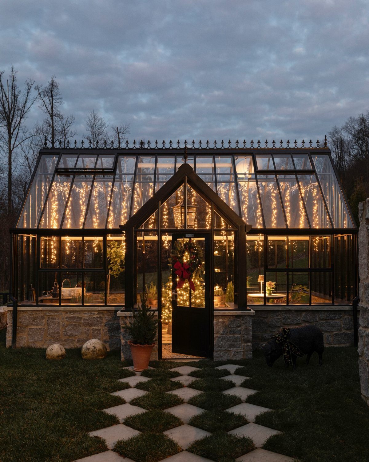 Glass greenhouse with black frame and stone base featuring glowing interior string lights.