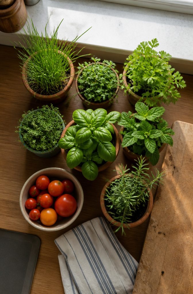 Kitchen herb growing setup pictured for an indoor gardening article