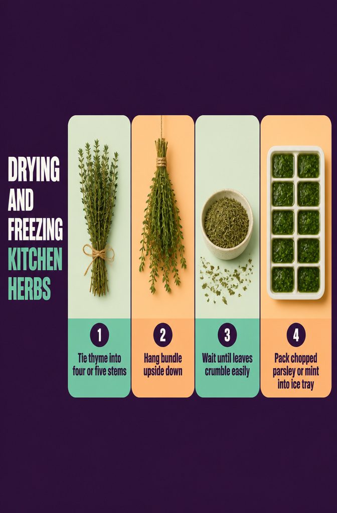 Drying and freezing kitchen herbs information graphic