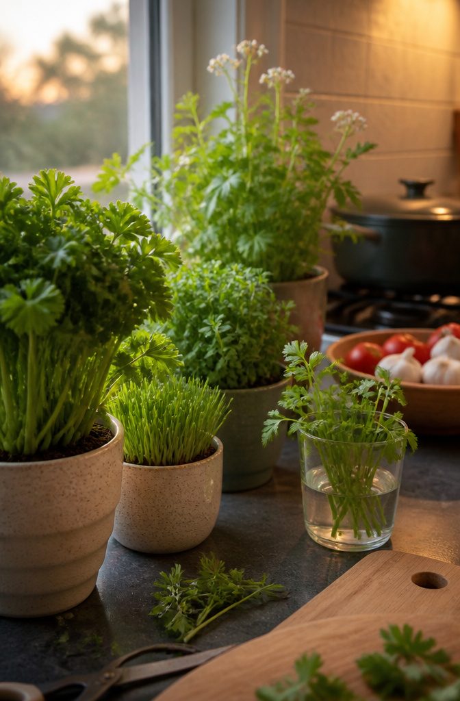 Kitchen herb growing setup pictured for an indoor gardening article