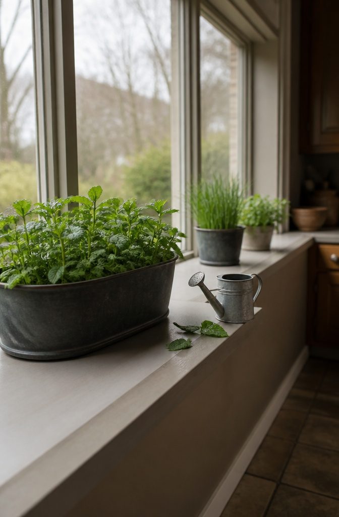 Kitchen herb growing setup pictured for an indoor gardening article