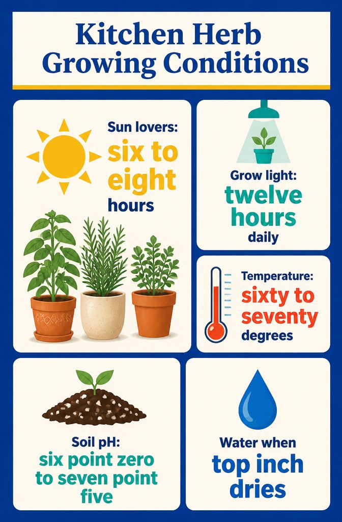Kitchen herb growing conditions information graphic