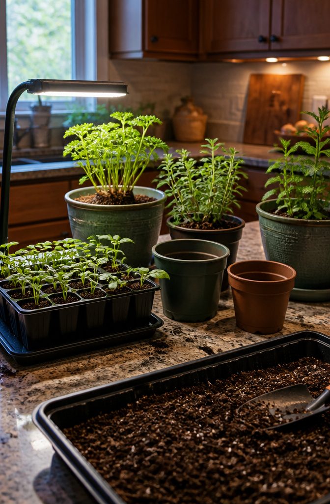 Basil and oregano seedlings under a grow light beside parsley and mint pots