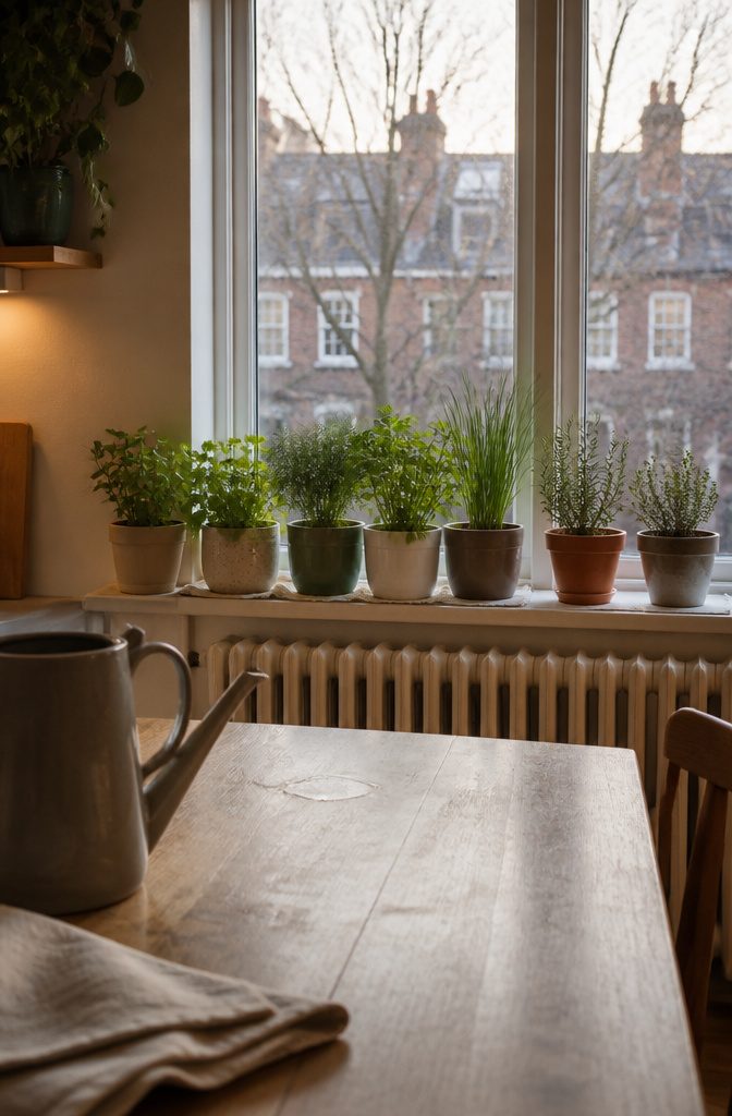 Mint coriander dill parsley and chives beside rosemary and thyme in pots