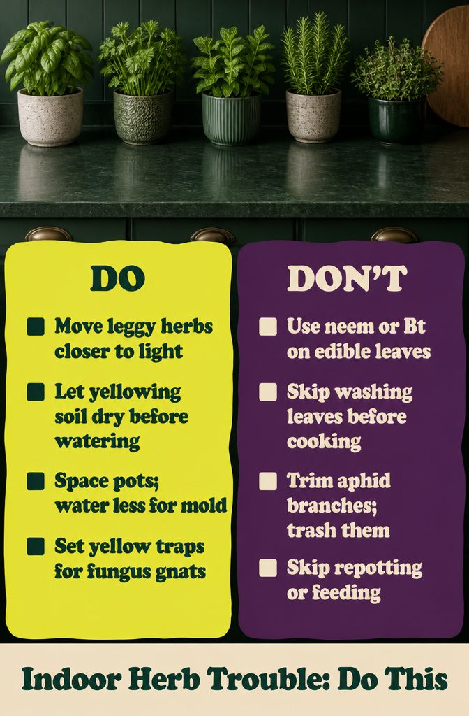 Indoor herb problem guide with symptoms and suggested fixes
