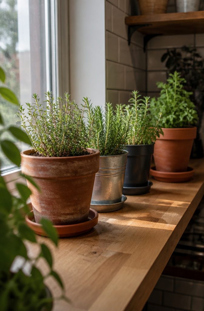 Clay metal and plastic herb pots on saucers across a wooden shelf