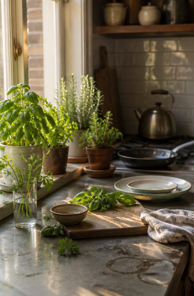 Kitchen counter with potted herbs cut leaves a glass of stems and dishes