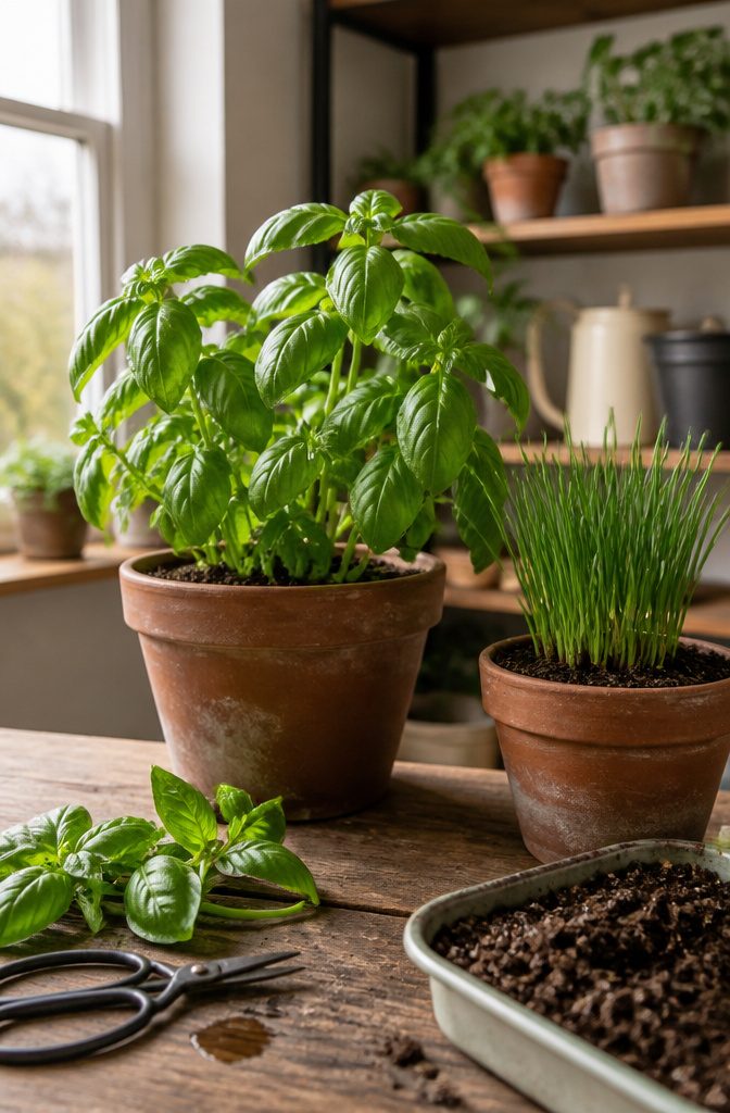 Hand pruning a leafy herb stem above a pair of emerging leaves