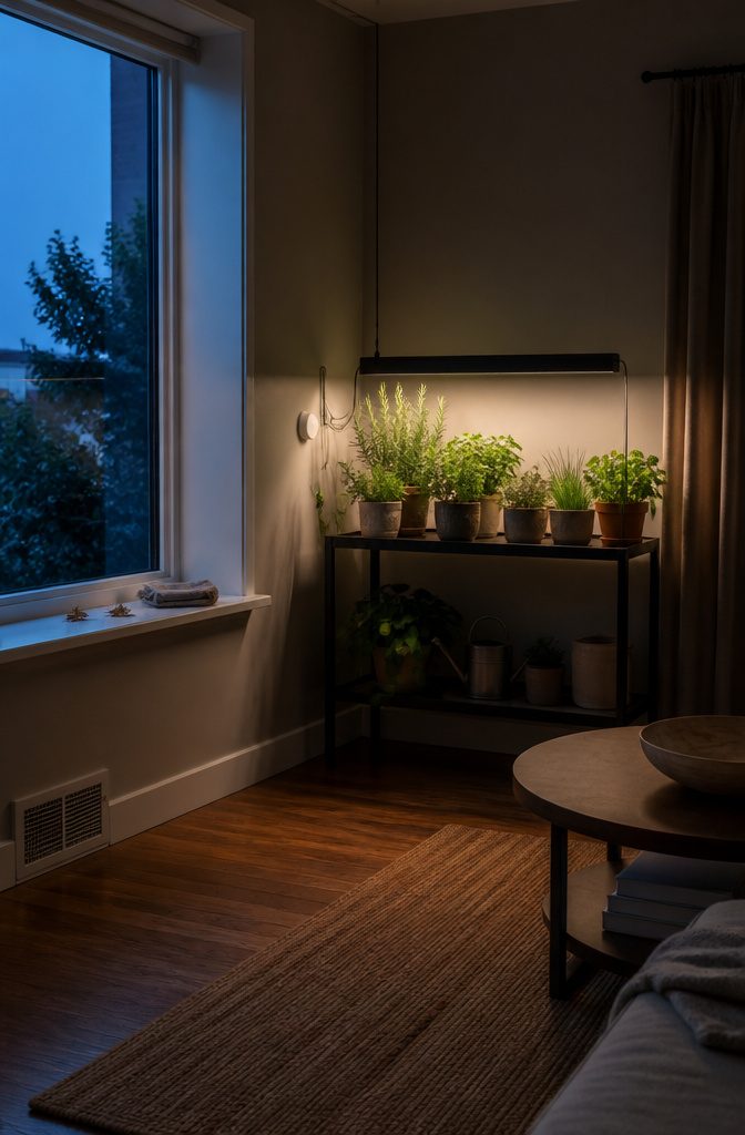 Potted herbs beside a bright window with open space around the leaves