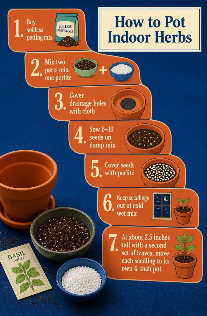 Indoor herb potting guide with numbered steps and planting instructions