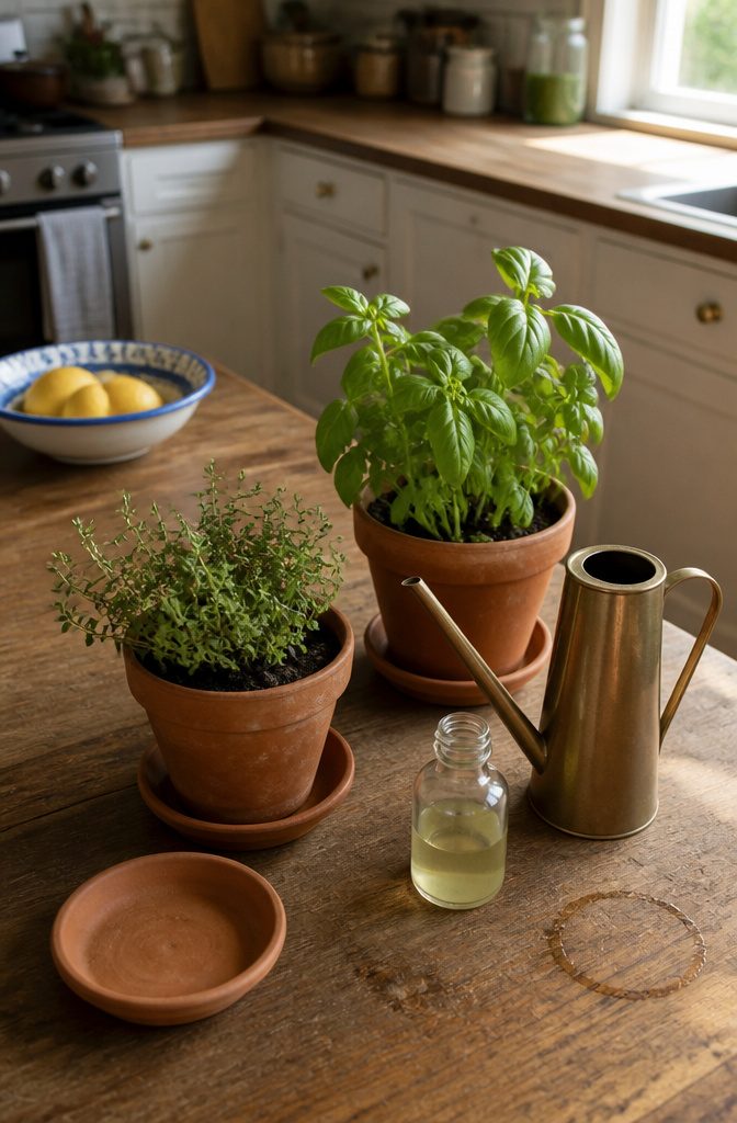 Thyme and basil pots with dry and moist soil a watering can and bottle
