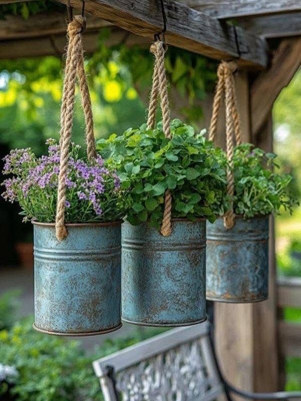 Three blue metal buckets with herbs and purple flowers hanging from a wooden beam.
