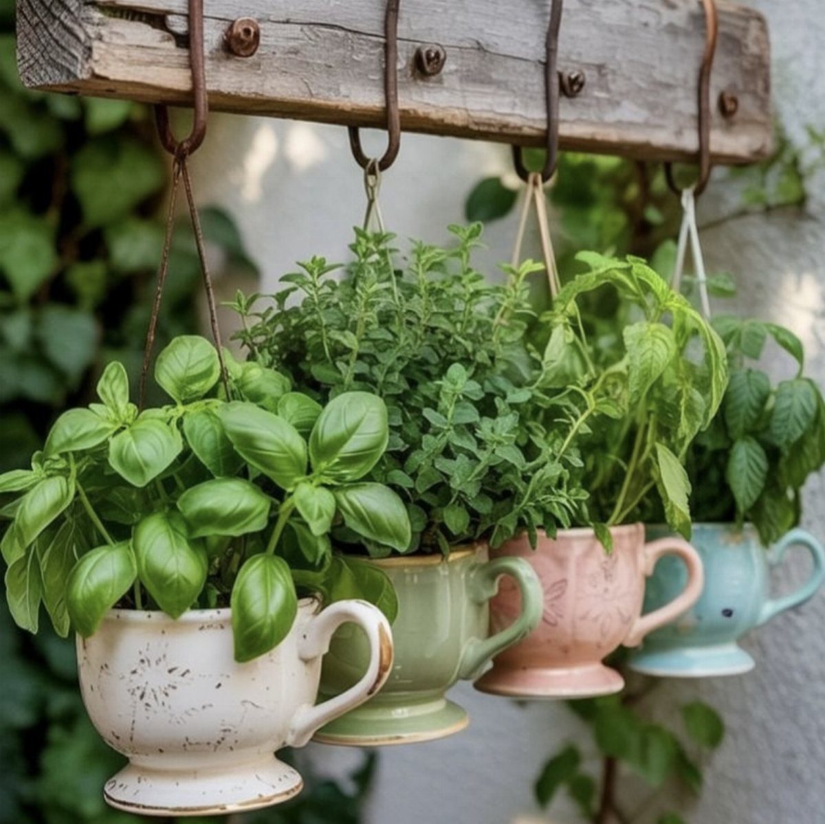 Four colorful teacups with green herbs hanging from a rustic wooden beam.