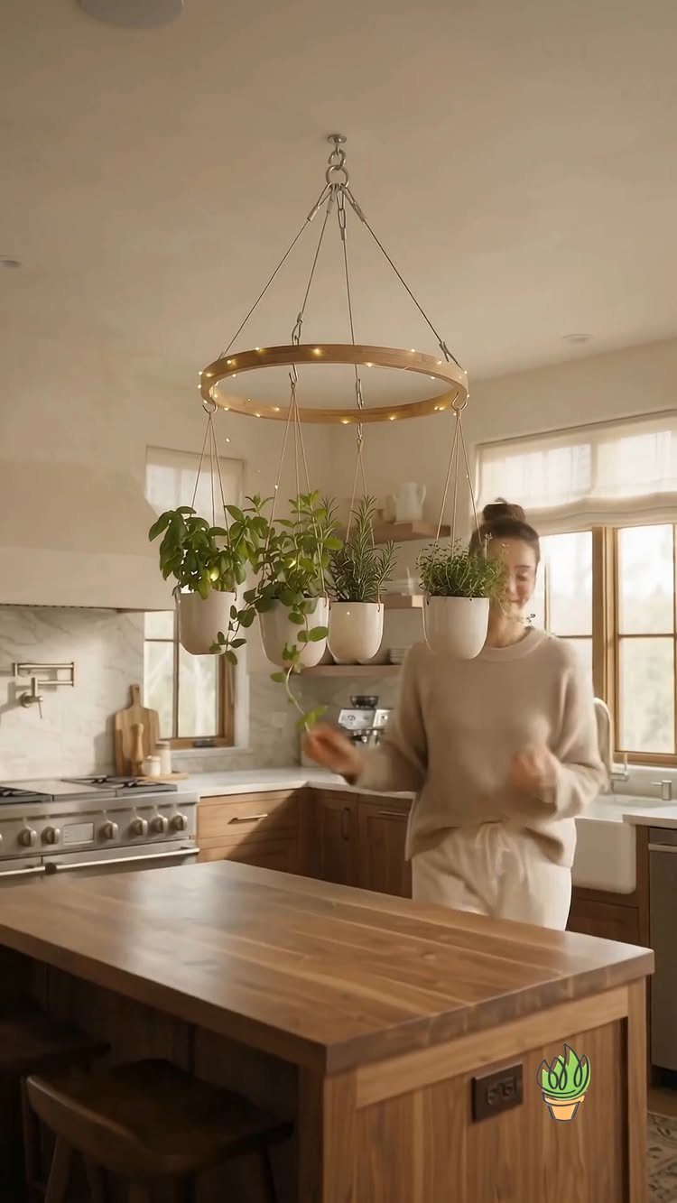 Circular wooden hanging planter with four white pots of herbs in a kitchen.