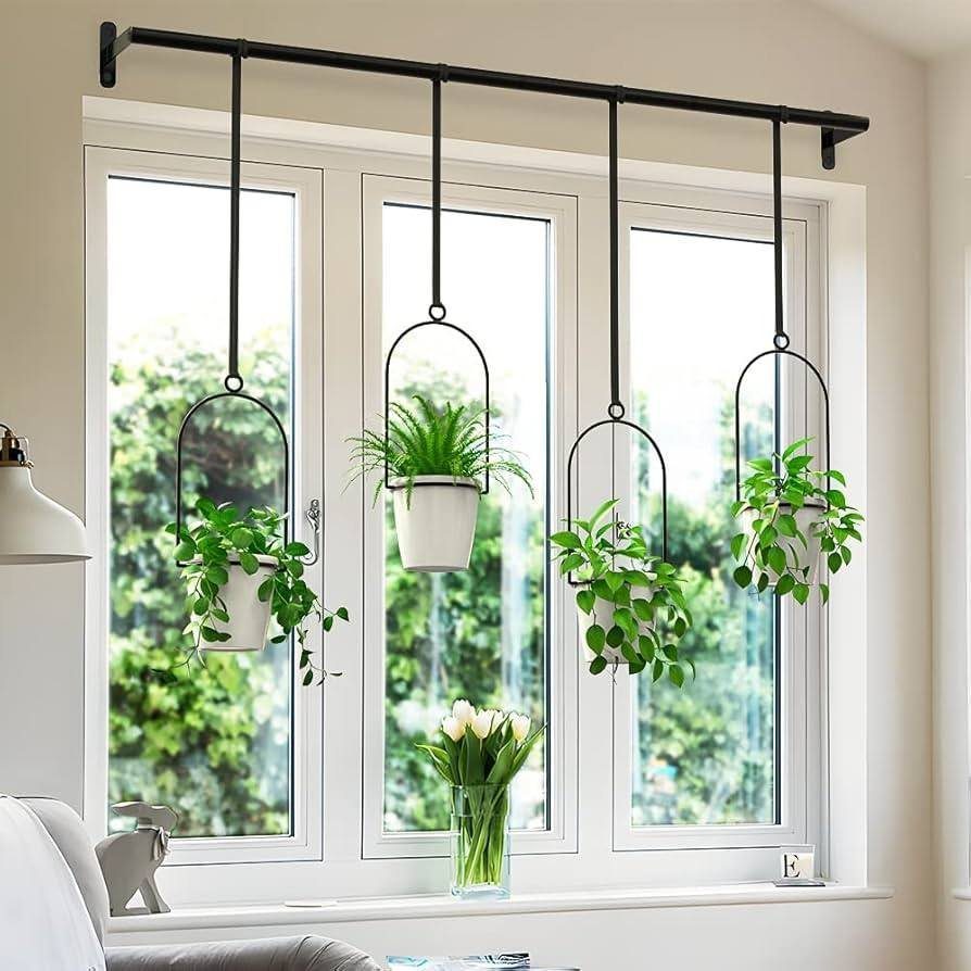 Four white potted plants hanging from a black metal rod before a window.