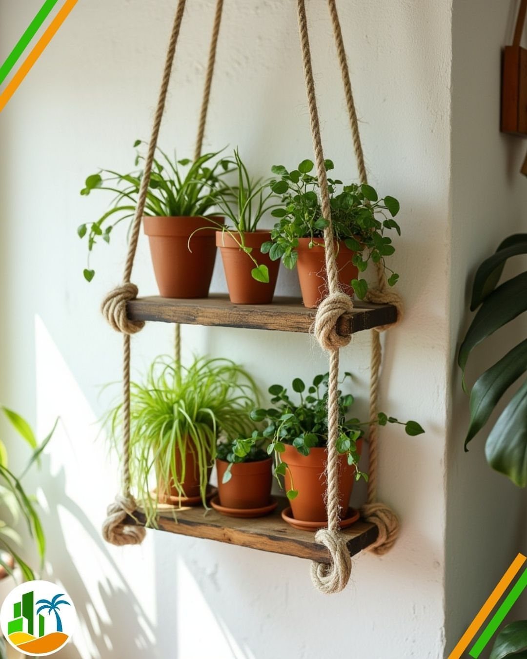Hanging wooden shelves with terracotta pots of green herbs against a white wall.