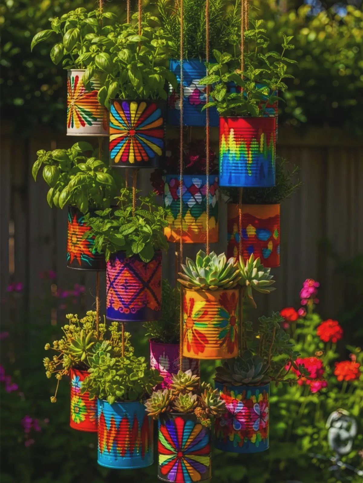 Colorful painted tin can planters hanging vertically with various green herbs and succulents.