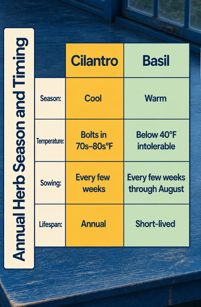 Annual Herb Season and Timing chart listing cilantro dill basil and chervil