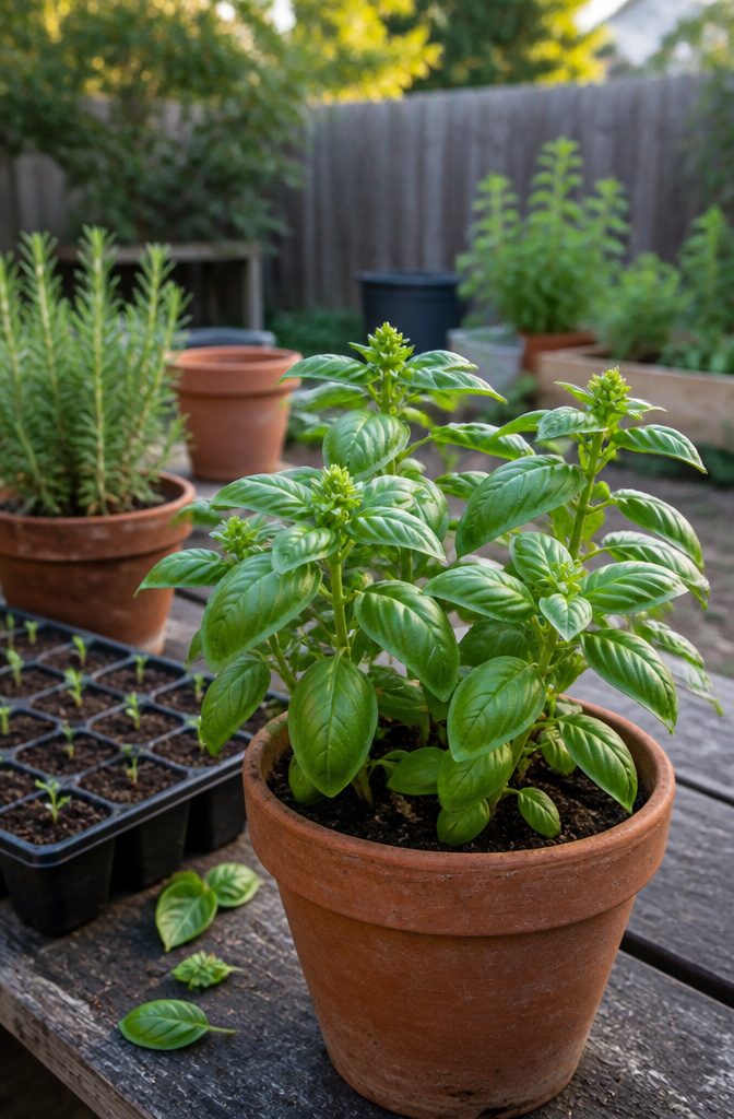 Basil plant in a pot with paired leaves and small flower buds