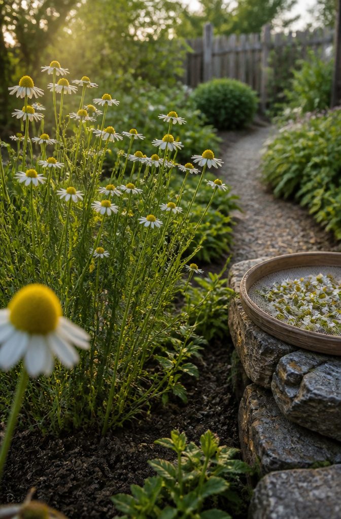 German chamomile flowers with white petals and yellow centers among feathery foliage