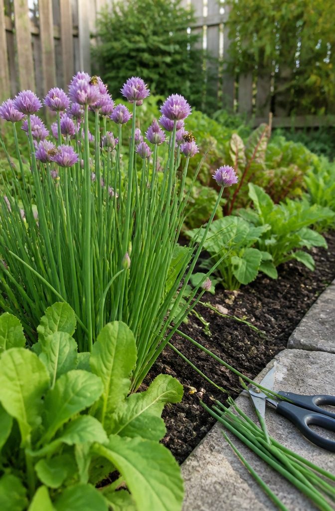 Chive clump with hollow leaves and lavender flowers visited by bees