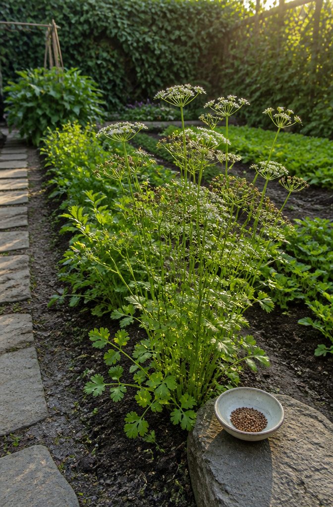 Cilantro plants with leafy stems flowers and brown coriander seeds