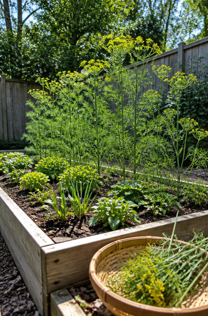 Dill plants with feathery leaves flower clusters and seed heads
