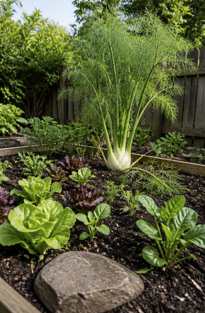 Fennel plant with feathery green fronds growing in open garden soil