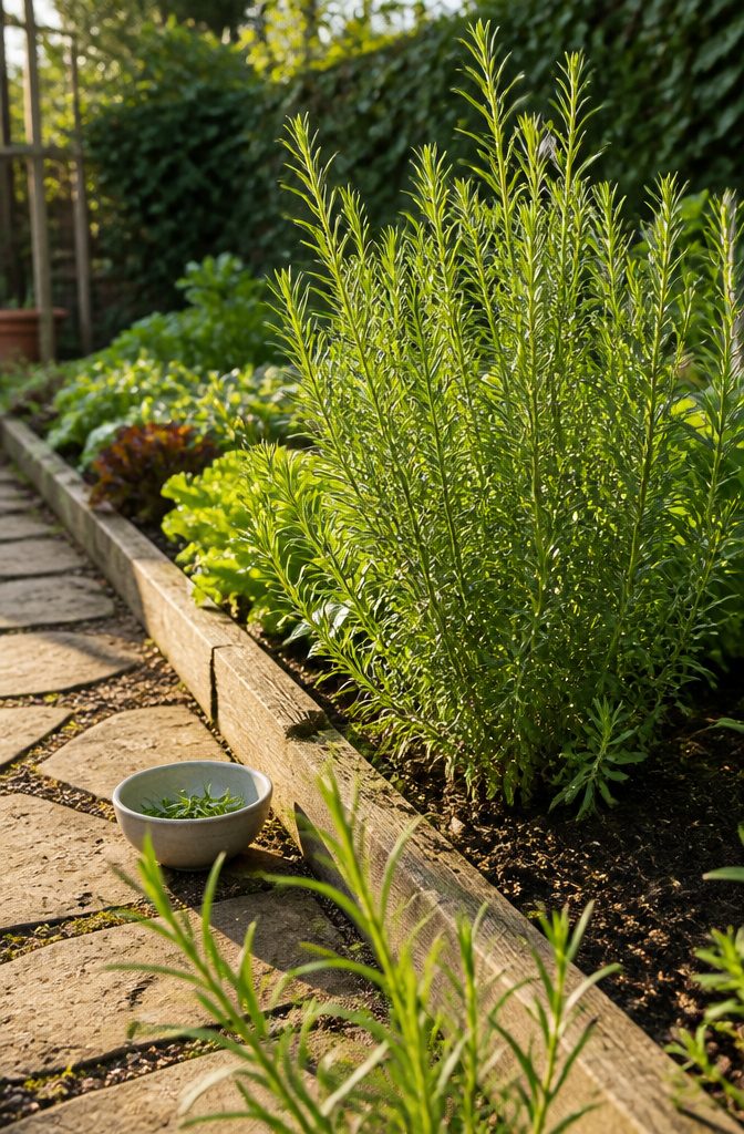 French tarragon with narrow leaves on branching stems beside a stone path