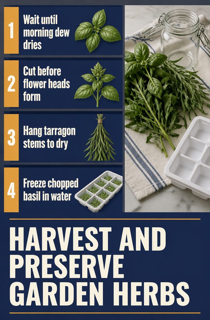 Harvest and Preserve Garden Herbs graphic with herb cutting and storage guidance