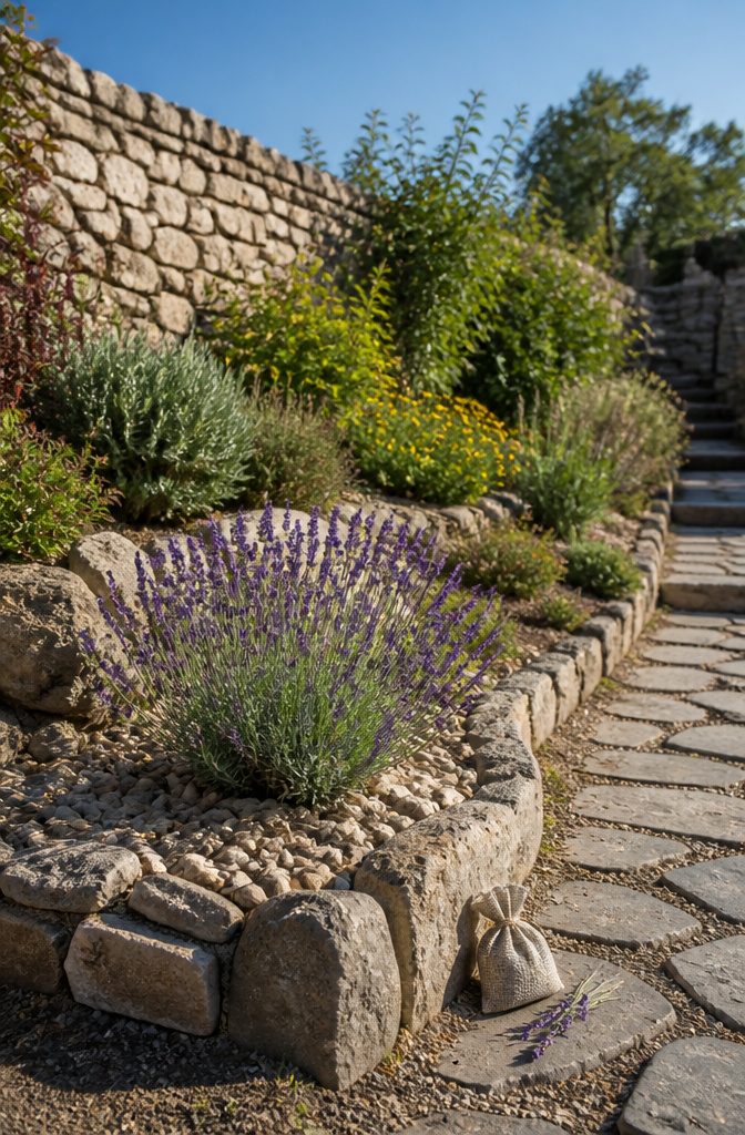 Lavender plants with gray leaves surrounded by pea gravel