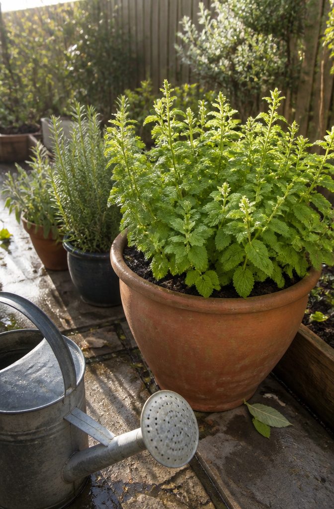 Lemon balm with bright green leaves and cut flower stalks in a terracotta pot